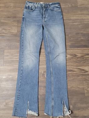 Anine Bing Light Blue Straight Leg Jeans with Split Hem Size 27 Roxeanne Denim